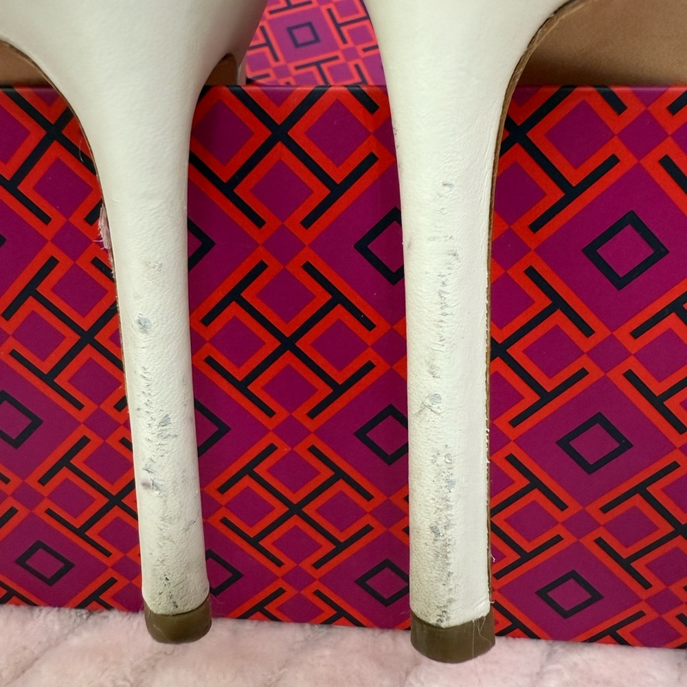 Beautiful Tory Burch Marguerite Slingback High Heels Ivory Floral Leather Sz 6.5 - Picture 8 of 11